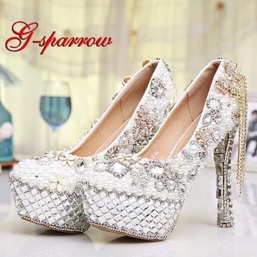 2018 Gorgeous White Imitation Pearl Wedding Shoes 5 Inches High Heel Crystal Platforms Cinderella Prom Pumps Ceremony Event Shoe