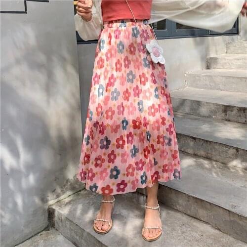 2020 Summer Women Skirt with Lining Floral Loose Casual A-line Pleated Skirt with Elastic Waist Sweet Korean Style Chic Skirts