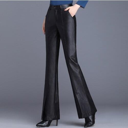 2019 New Winter Fall Fashion Womens High Waisted Placket Black Faux Pu Leather Trousers , Autumn Casual Woman 3xl 4xl Pants