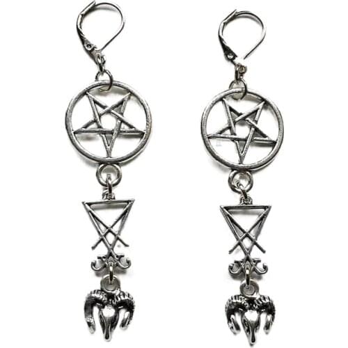 Goth Inverted Pentagram Sigil of Lucifer Ram Goat Head Earrings Drop Set Statement Fashion Grunge Punk Rock Jewelry Women Gift