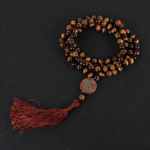 Women Men Natural Tiger Eye Turquoises Nepal Clay Tassel Pendant Necklace 8mm 108 Male Beads Amazons Stone Onyx Stand Jewelry
