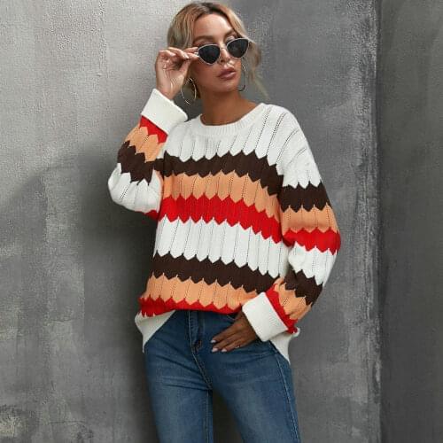 Autumn Contrast Color Knitted Sweater Women Long Sleeve Wave Stripe Pullovers Fashion Office Lady Casual Loose Wild Jumper