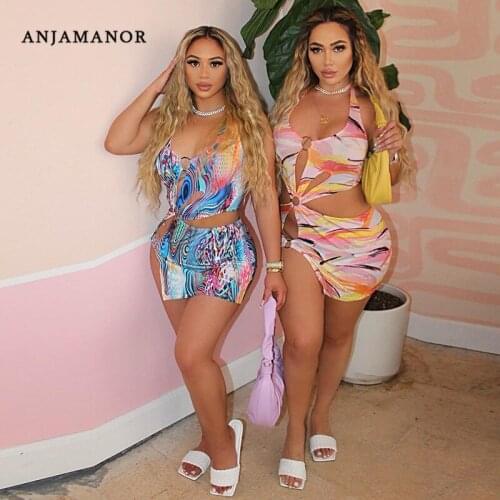 ANJAMANOR Sexy Colorful Print Hawaiian Halter Dress Beach Club Wear Summer Mini Bodycon Dresses for Women 2021 D96-BD18