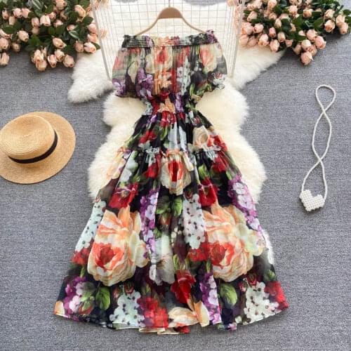 Europe Style New Fashion Summer Elegant Women V Neck Short Sleeve Floral Print A Line Dress With Belt Ladies Dresses Vestido