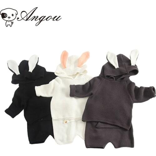 Angou 2021 Winter Baby Boys Girls Sets Knitting Hooded Rabbit Ear Sweater Short Long sleeve Cute Autumn Toddler Baby Clothes