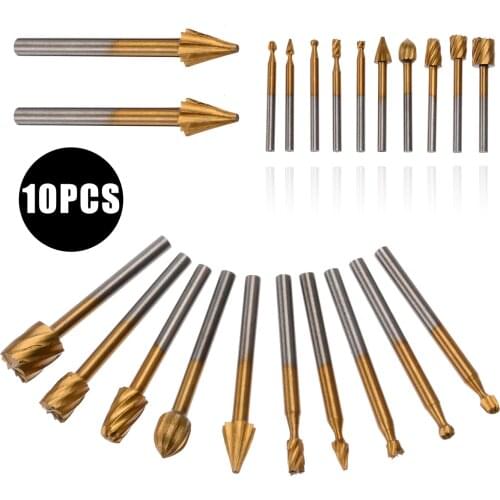 10pcs 3mm HSS Titanium Grinding Routing Bits Burrs Rotary Files Rasp Set Milling Cutter Engraving Bit Tool