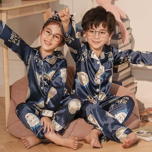 2Pcs Set Casual Spring Autumn Children Satin Pajamas Kids Girls Solid Silk Long Sleeve 2 Pieces Tops+Pants Sleepwear Pyjama