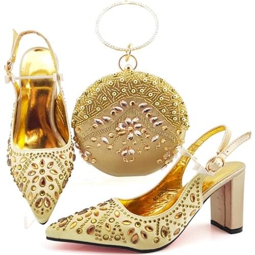 African Elegant Gold Shoes And Bag Set For Party Dress Autumn European Design Pointed Toes Shoes And Bag Set On Sale 5Colors