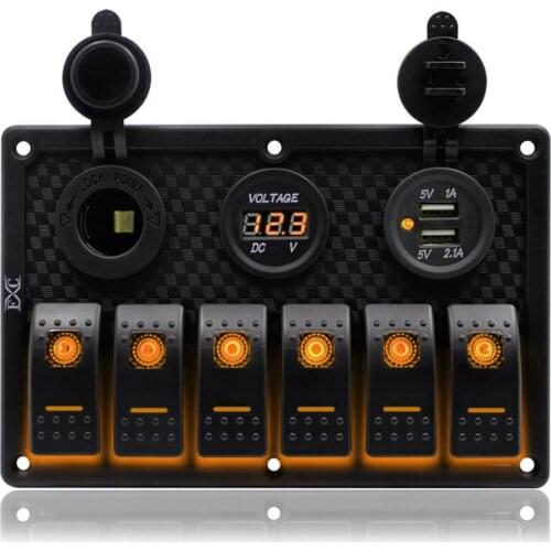 12-24V 6Gang Waterproof Digital Voltmeter Dual USB Port Toggle Switch Panel Breaker Orange LED 2 USB RV Car Marine Boat