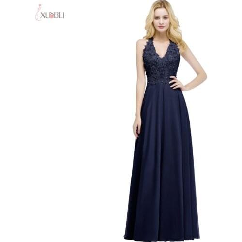 Navy Chiffon Long Evening Dress V Neck Sleeveless Formal Gown Pearl Applique 2020 robe de soiree
