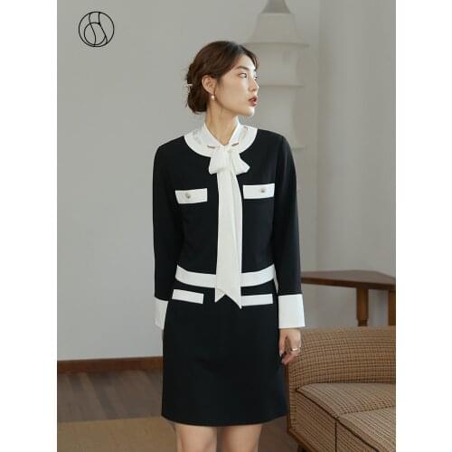 DUSHU Lady Temperament Vintage Small Incense Style Fashion Suit Women Classic Black White Contrast Design Autumn Two-piece Suits