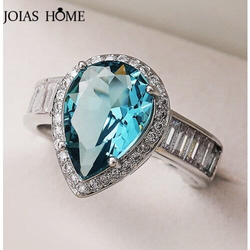 JoiasHome Trendy Female Silver 925 Jewelry Wedding Ring for Women Water Drop Pear Shaped Sea Blue Gemstone Size6-10 Party Gift