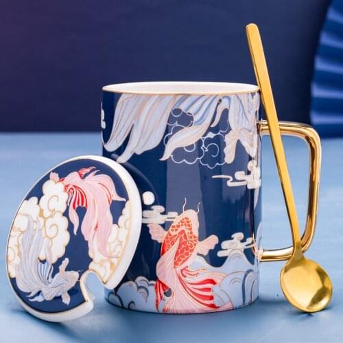 Creative Chinese Style Ceramic Mugs With Spoon Lid Retro Coffee Cups Milk Water Drinking Tazas Tea Party Home Drinkware
