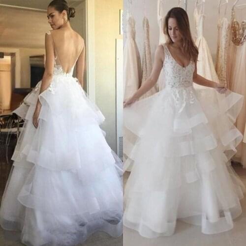 Sexy Backless V Neck A Line Ruffles Lace Appliques Wedding Dresses Floor Length Lace Top Tiered Bridal Gowns Vestido De Noiva