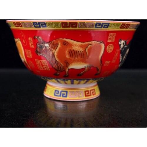 Small porcelain bowl, Jingdezhen bone porcelain high foot anti scalding five cattle picture