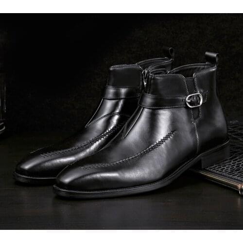 Retro Chelsea Punk Style Genuine Leather Men Ankle Boots Pointed Toe Mens Military Cowboy Boots High Top Buckles Botas Hombre