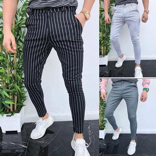 2020 New Men Slim Fit Striper Trousers Tracksuit Pockets Button Skinny Joggers Sport Sweat Track Pants Streetwear Casual Bottoms