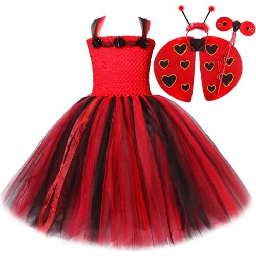 Lady Beetle Girls Tutu Dress with Wings and Headband Toddler Halloween Costume for Kids Girl Princess Fairy Dresses Long 1-14Y