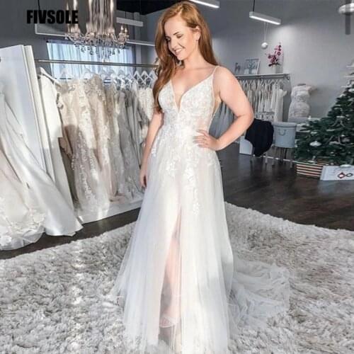 Fivsole Spaghetti Straps A-Line Wedding Dresses 2021 Sexy V-Neck Side Split Appliques Lace Up Back Vestido De Noiva Bridal Gowns