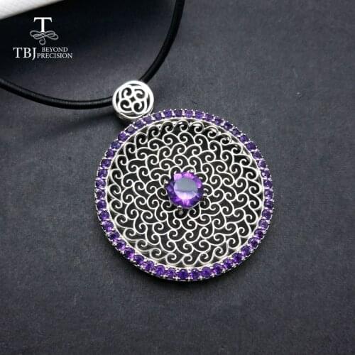 TBJ Luxury big natural amethyst gemstone pendants in 925 sterling silver February birthstone gemstone pendant with leather cord