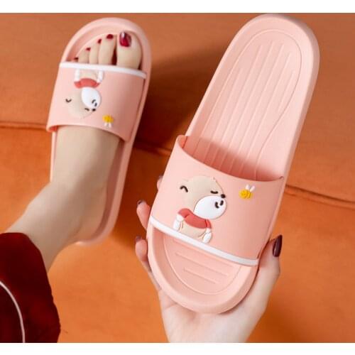 Summer Non-slip Home Slippers Women Men Cute Cartoon Bear Sandals And Slippers Flat Heel Couples Bathroom Bottom Shoes