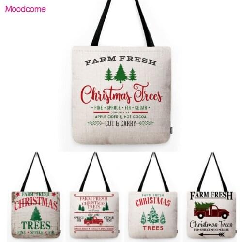 Merry Christmas Farm Fresh Xmas Tree Watercolor Truck Cotton Linen Souvenir Shoulder Bag Shopper Water Resistant Tote Bag