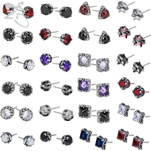 AOEDEJ Mens Punk Stud Earrings White Black Red Zirconia Earrings for Women Stainless Steel Jewelry for Men Crystal Earrings
