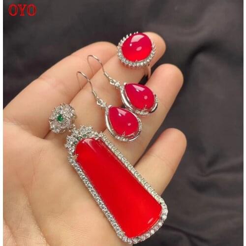 925 silver rose gold inlaid high ice carnelian three-piece pendant ring earrings