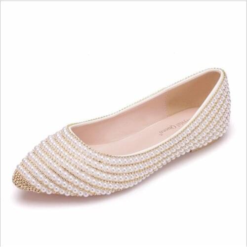 Handmade white gold chain pearl flat shoes wedding shoes pointed shallow mouth bridal elegant flat shoes women casual shoes34-43