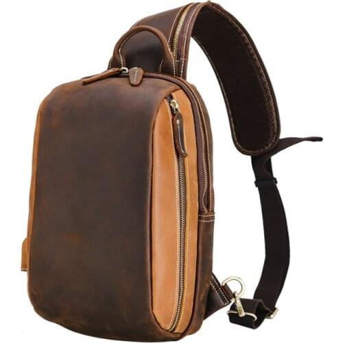 MAHEU vintage leather man chest bag usb charging insulation crossbody bag outdoor sports backpack with usb cable large size