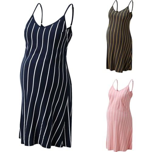 Women Maternity Dresses Stripe Printed High Waist Nightdress Sleeveless Pregnant Dress Midi Dress Pregnancy Clothing Pajamas