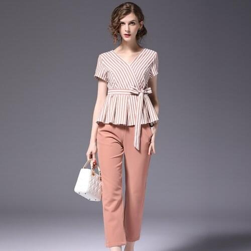 New Summer Autumn Women Pants Sets 2 Piece OL Fresh Office Wear Striped V-neck Shirt + Full Straight-legged Pants Women Sets