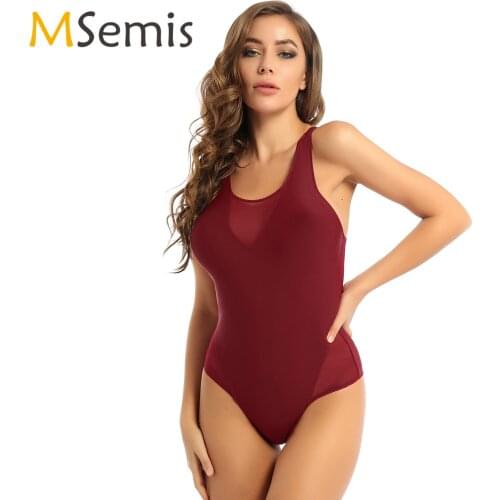 Womens Swimsuit Swimwear One-piece Round Neck Swim Bodysuit Racer Back Beachwear Mesh Patchwork Athletic Swimming Bathing Suit
