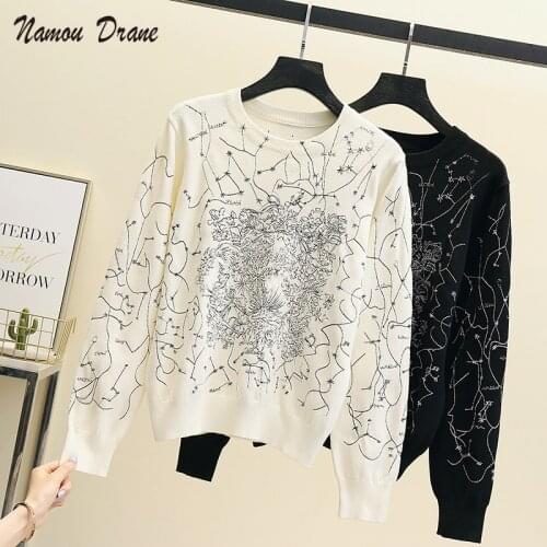 2021 Knit Sweater Low Round Neck Pullover Printing Heavy Industry Constellation Embroidery Round Neck Long Sleeve Sweater Women