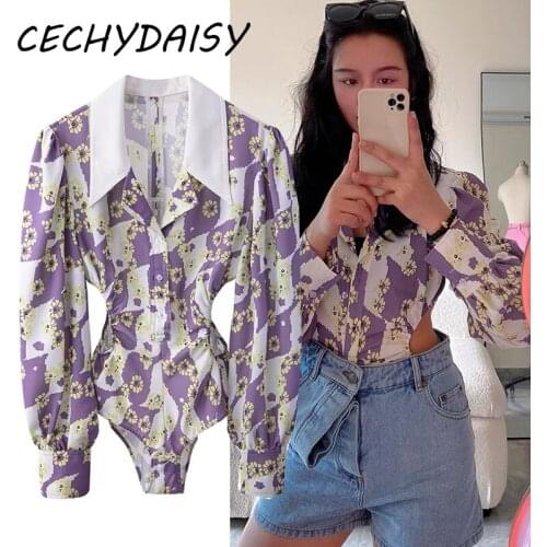 Bodysuit Women Blouse Shirt Za2021 Autumn Winter Fashion Turn-Down Collar Floral Printed Long Sleeve Lantern Sleeve Vintage Tops