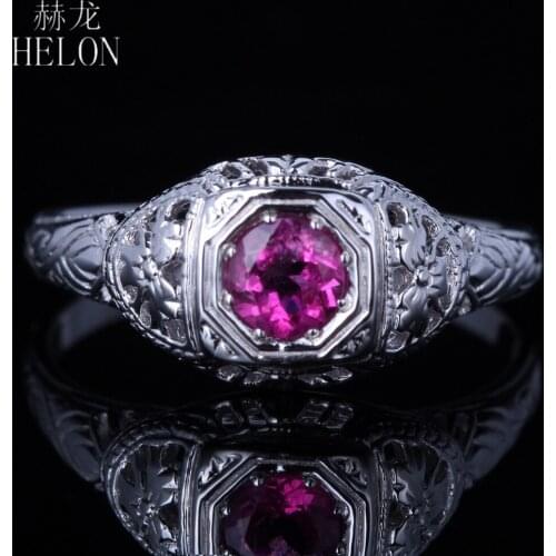 HELON Solid 10k White Gold Round 4MM Genuine Tourmaline Engagement Wedding Ring Women Vintage Fine Jewelry Gemstone Ring