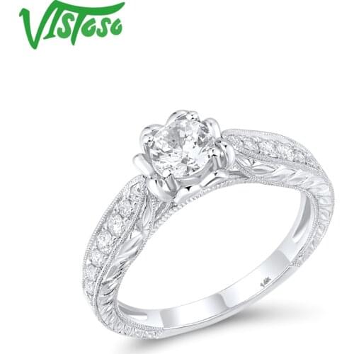 VISTOSO Pure 14K 585 White Gold Diamond Rings For Women Sparkling Round White CZ Main Stone Wedding Engagement Gift Fine Jewelry
