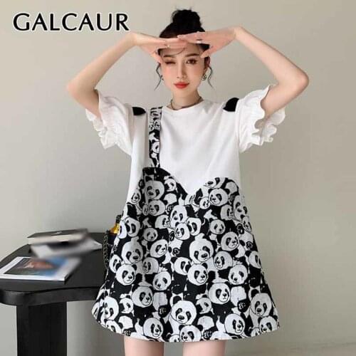 GALCAUR Print Casual Dress For Women O Neck Puff Short Sleeve Patchwork Hit Color Mini Dresses Females Summer 2021 Fashion Style