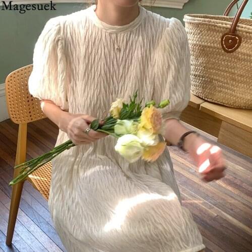 Short Sleeve Summer Dress 2021 French Style Pleated Sweet Knee-length Women Loose Dresses High Waist White Dress Vestidos 13819