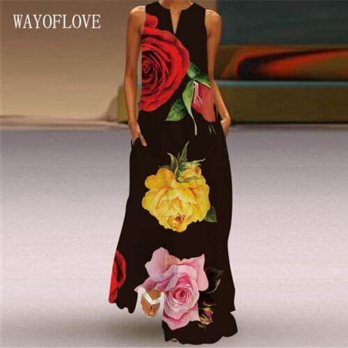 WAYOFLOVE Black Dress 2021 Elegant Casual Plus Size Sleeveless Long Dresses Woman Summer Beach Rose Pprint Girl Maxi Dress Women