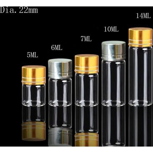100pcs/lot Dia.22mm 5/6/7/10/14ml Transparent Glass Crafts Bottles Screw Cap Silver Aluminum Lid Empty Glass Jars Vials Bottles