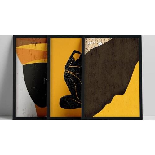 Abstract Ethno Motive Prints, Afro Woman Portrait, Female Figure, Set of 3 Prints, Mustard Yellow Poster, Contempoorary Collagr