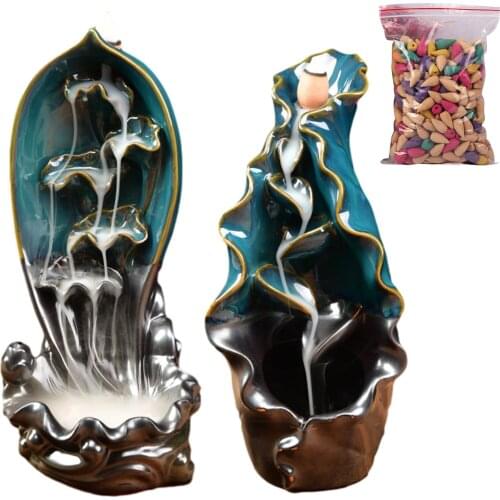 Backflow Incense Burner Backflow Incense Holder Smoke Waterfall Reflux Ceramic Incense Burner For Yoga With 50pcs Incense Cones