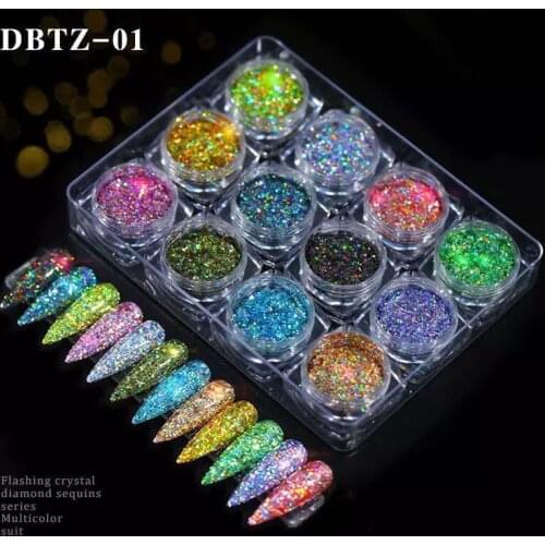 12pcs/set Shiny Nail Glitter Sequins Colorful Sparkly Laser Pigment Powder Nail Art Make up Manicure DIY Nail Decoration Sequins