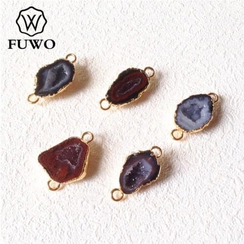 FUWO Natural Onyx Geode Pendant Connector With Gold Trimmed Edge Free Shape Crystal Quartz For Jewelry Making PD256