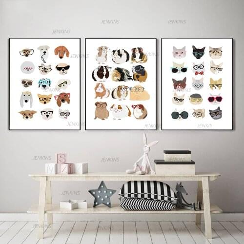 Canvas Posters Nursery Wall Art Print Cartoon Guinea Pig Cats and Dogs with Glasses Painting Nordic Pictures Kids Bedroom Decor