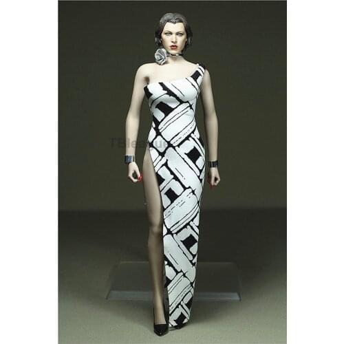 Custom made 1/6 scale Fashion Black/White Stripe Single Shoudler Split Skirt Dress for 12in Hottoy Phicen JIAOUL body model toy