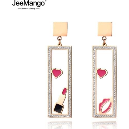 JeeMango Makeups Elements Jewelry Pink Lips & Lipstick With Rhinestone Case Rose Gold Color Stainless Steel Earrings JE18452