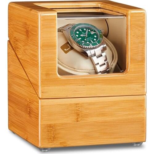 JQUEEN Single Watch Winder with Quiet Motor 5 Working Modes Bamboo wood Interior White PU Leather