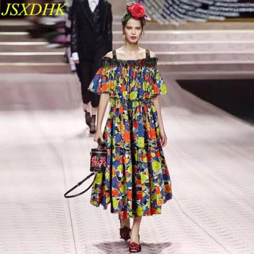 JSXDHK Runway Designer Summer Print Flower Dress Elegant Women Ruffles Spaghetti Strap Chiffon Elastic Waist Holiday Long Dress